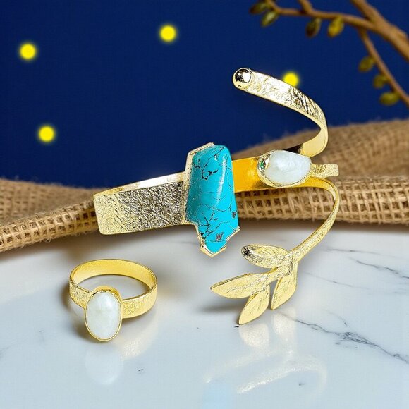 🆕️Boho Artisan Jewelry Set 18K Gold Plated Genuine Turquoise Baroque Pearls - Picture 8 of 14